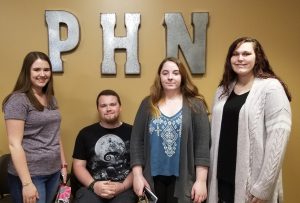 Left to right: First-year Medical Assistant students, Cassidy Bishop, Michael Allen, Shelby Johnson, and Riley Bishop