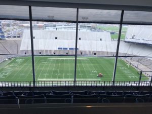 The view of the PSU football field from the South Hills from the President’s Box at Beaver Stadium