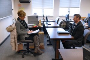 Leanne Condo, Human Resource Manager at Blatek, conducts a mock job interview with a South Hills student.