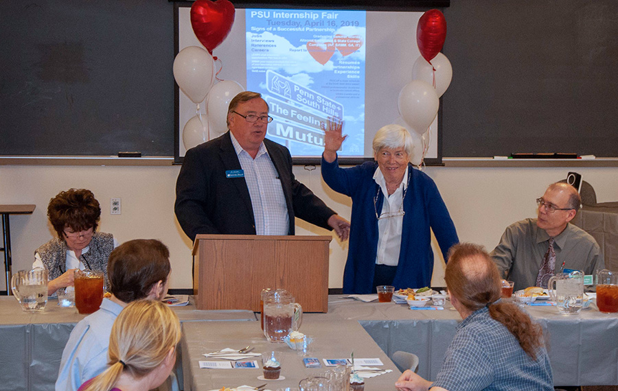 Maralyn J. Mazza, Co-Founder of South Hills, is introduced by Community Outreach Director Jeff Stachowski as they participate in PSU Days - Part II.